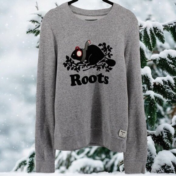 Roots Canada Crewneck Sweatshirt Velvet Winter Beaver Comfy Skiing Novelty M - Picture 1 of 9